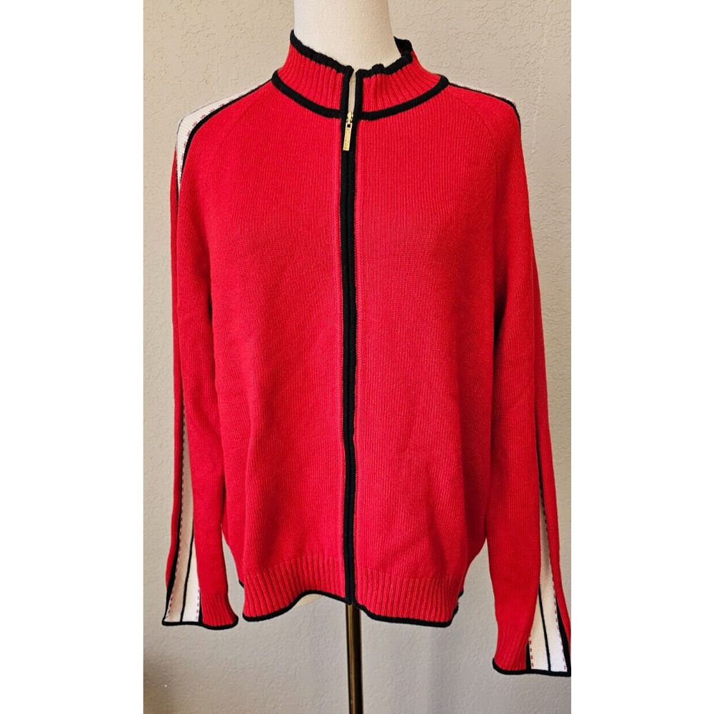 ST JOHN Marie Gray 100% Cashmere‎ Sweater Cardigan Jacket Red White Black Medium